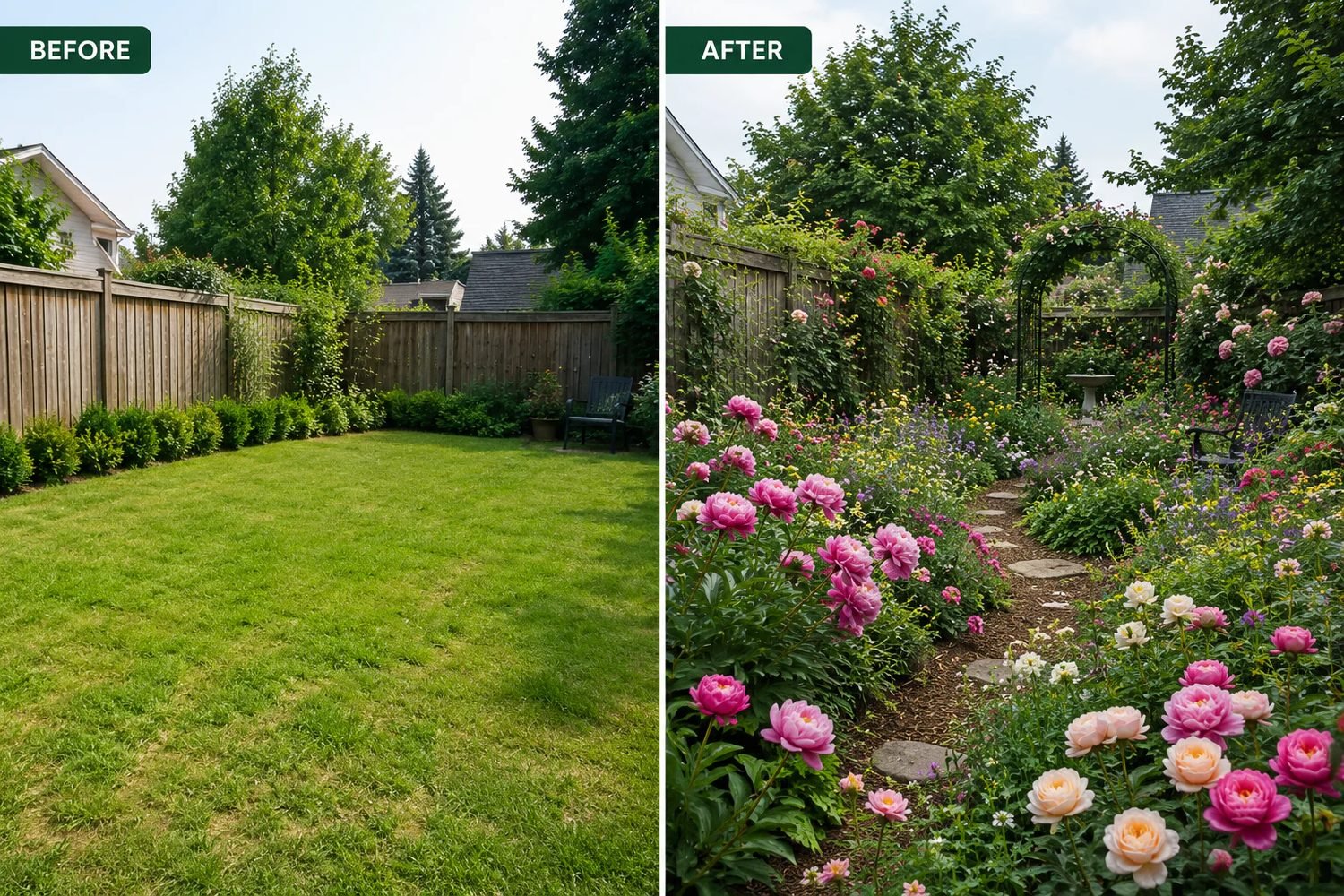 A lawn transformed into a pollinator garden, before and after