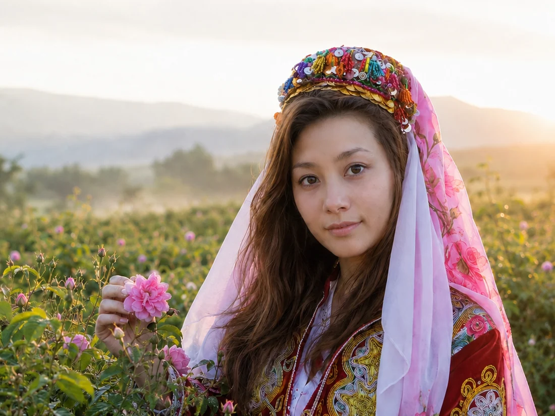 A rose harvester in traditional dress holding a damask rose at sunrise in a valley rose field