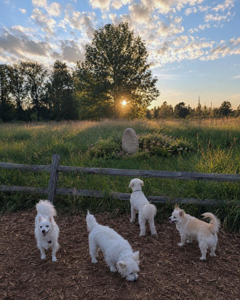 A memorial stone in a wildflower meadow at sunset, with four small white dogs gathered near a wooden fence