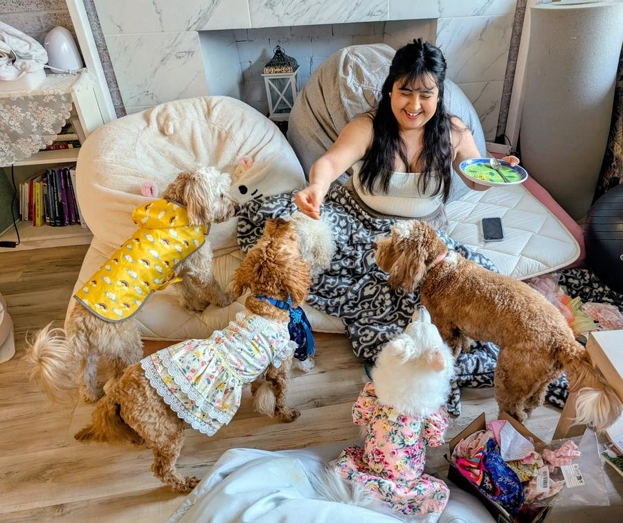 A woman feeding four small dogs in matching outfits at home