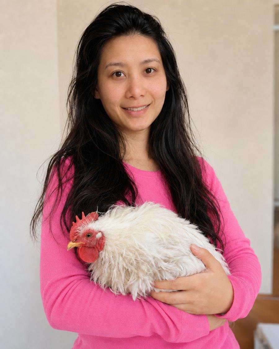 Animals are family — woman in pink holding a white silkie chicken