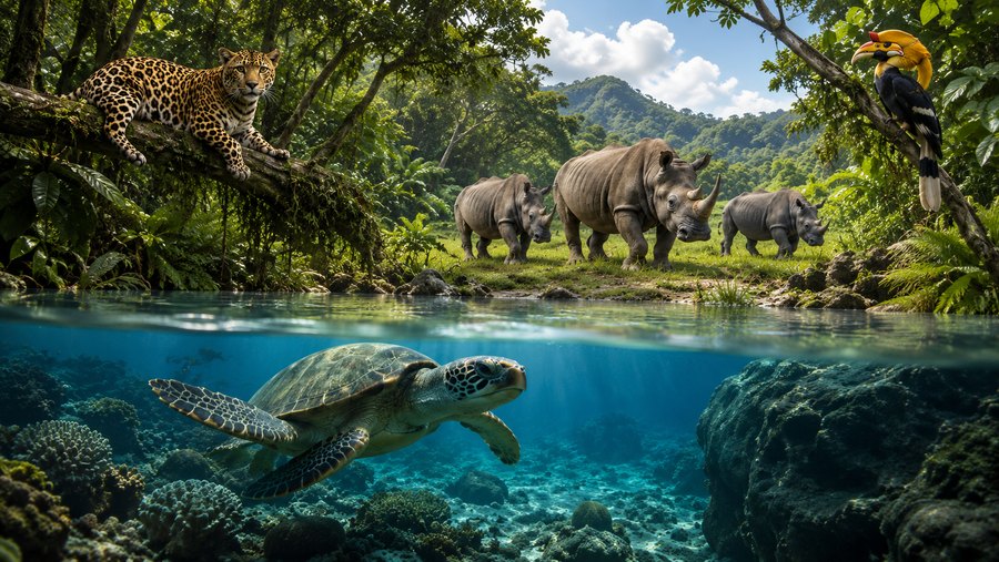 Illustration of land and ocean wildlife sharing one habitat — a leopard, rhinos, a hornbill and a sea turtle