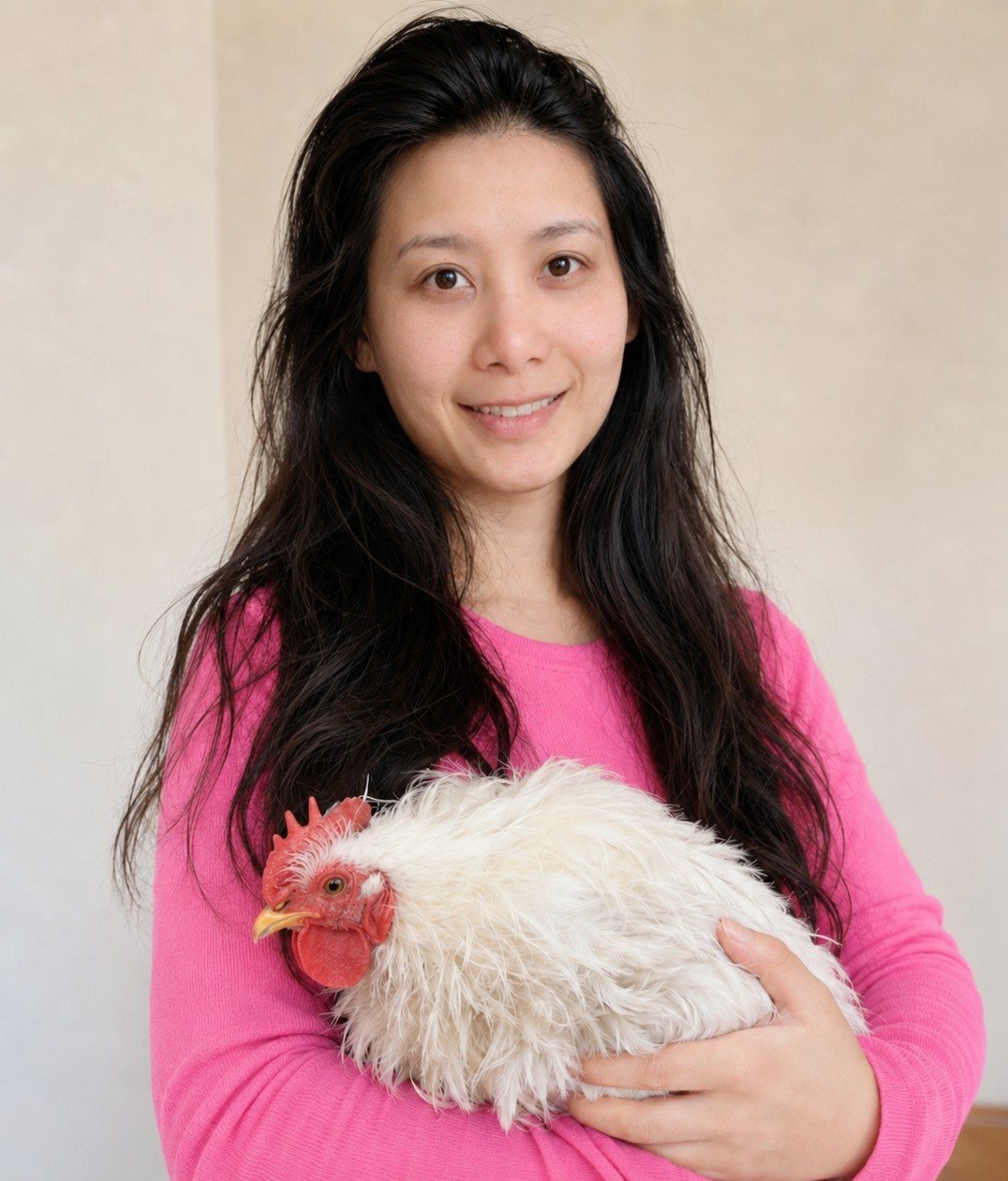 PhyTu's founder in pink holding a rescued white silkie chicken
