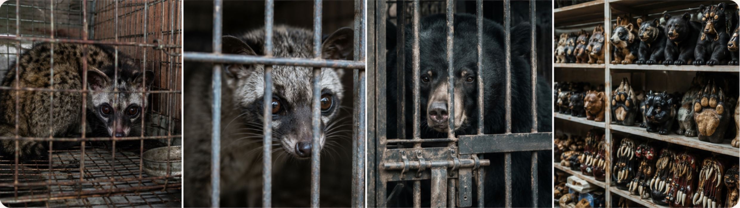 Wild animals held in cages beside carved animal products — the reality behind wildlife trade