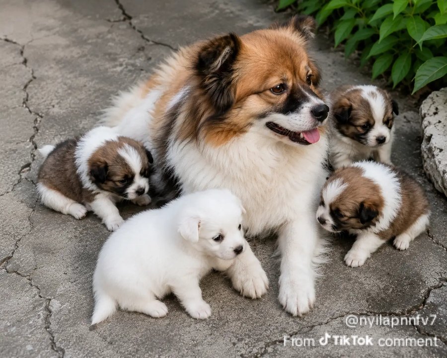 Wang Wang resting on a stone path with her puppies gathered around her