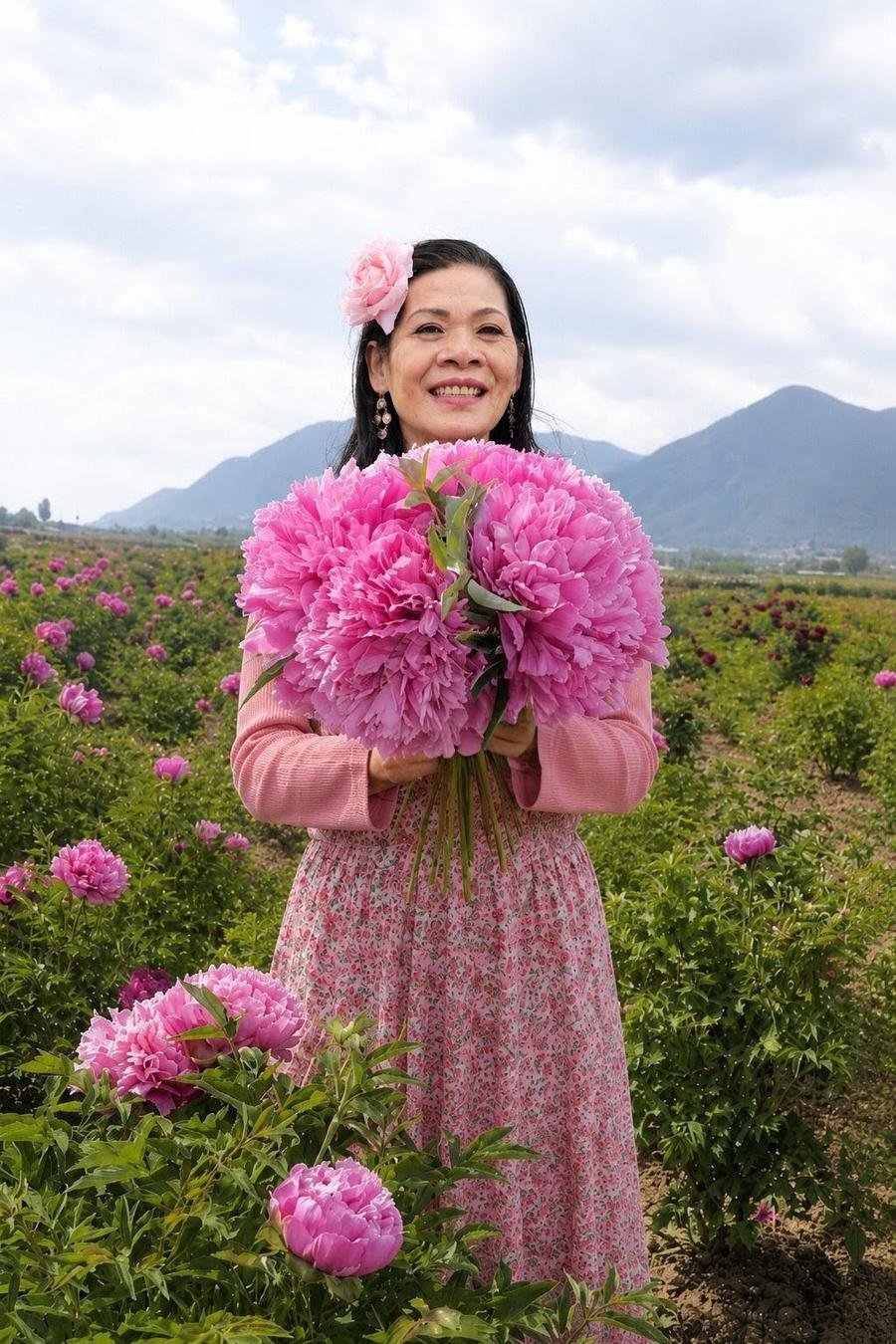 Woman in blooming peony farm field with mountains behind